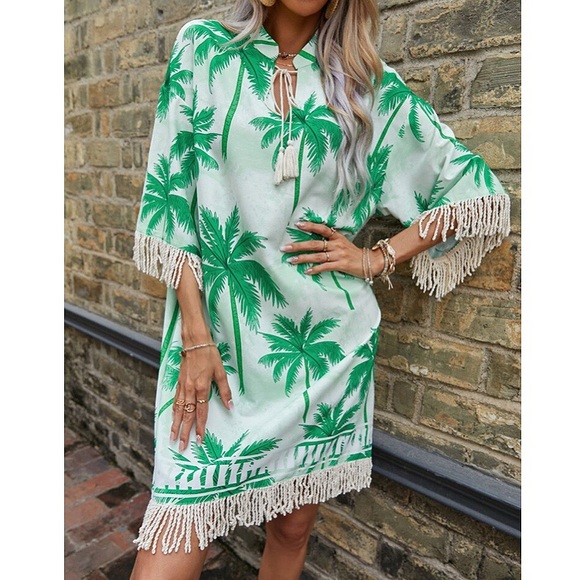 π BOHO GREEN PALM PRINT FRINGE LOOSE FIT DRESS! - Picture 3 of 10